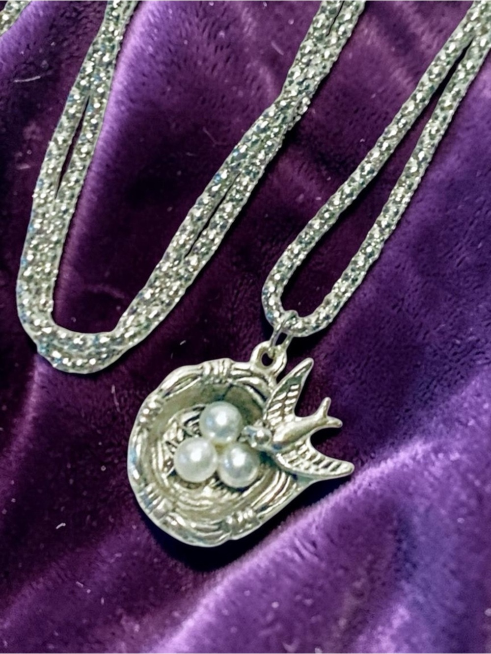 Silver Bird Nest Necklace with Pearl egg accents Pendant & a popcorn chain